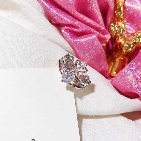 NEW 2PC 925 Silver Diamond Crown Resizable Ring - Picture 3 of 9